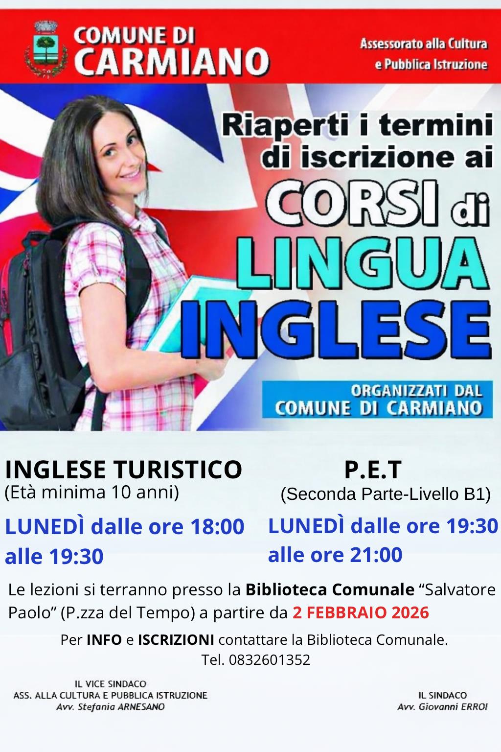 Riapertura iscrizioni corsi di lingua Inglese organizzati dal Comune di Carmiano
