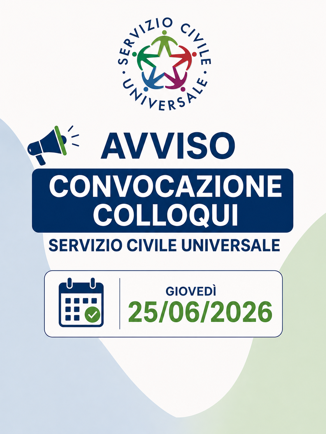 AVVISO DI CONVOCAZIONE - BANDO PER LA SELEZIONE DI N. 6 (SEI) OPERATORI VOLONTARI, DI CUI N. 2 (DUE) A BASSA SCOLARITÀ, DA IMPIEGARE NEL PROGRAMMA DI SERVIZIO CIVILE UNIVERSALE DENOMINATO “Zaira 2025: le città solidali” - PROGETTO DENOMINATO “L’arte di essere fragili 2025”, DA REALIZZARSI PRESSO LA SEDE DEL COMUNE DI CARMIANO